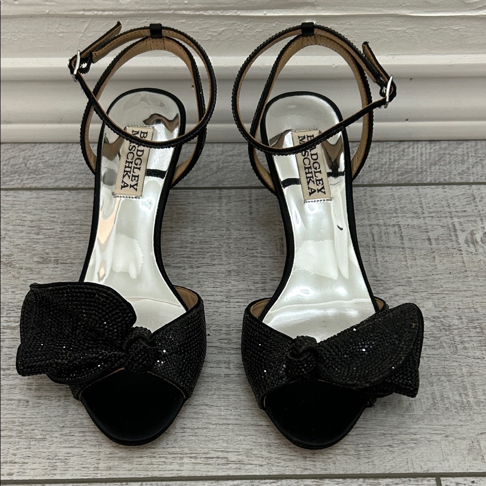 Badgley Mischka Black Sequin Bow Ankle Strap Heels